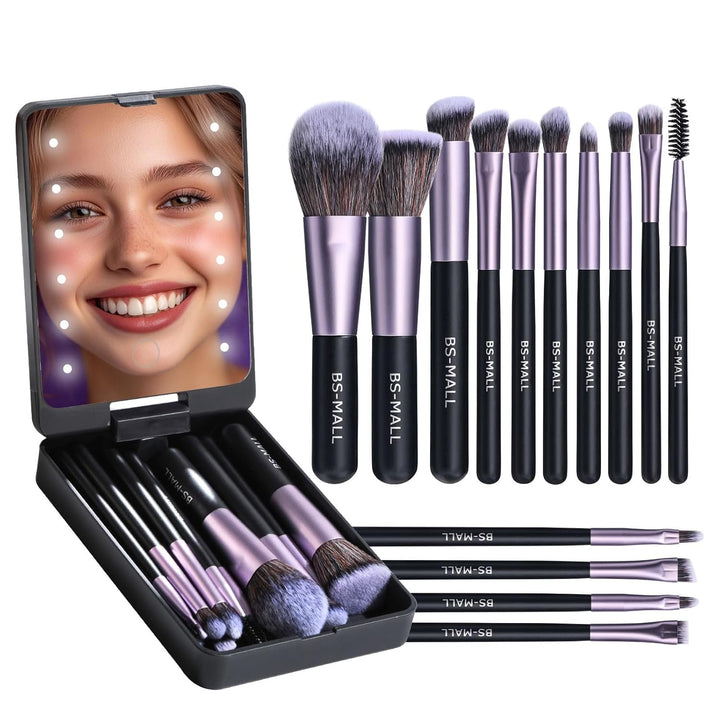 14pc Makeup Brush Set w/ LED Mirror