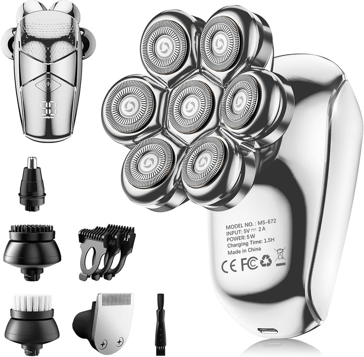 Detachable Head Shavers,  5 in 1 Electric Razor IPX7 Waterproof for Bald Men, Wet Dry LED Display Rechargeable 7D Rotary Shaver Grooming Kit with Type C Charge A