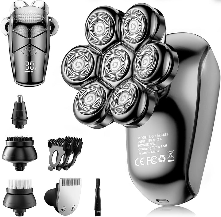 Detachable Head Shavers,  5 in 1 Electric Razor IPX7 Waterproof for Bald Men, Wet Dry LED Display Rechargeable 7D Rotary Shaver Grooming Kit with Type C Charge A