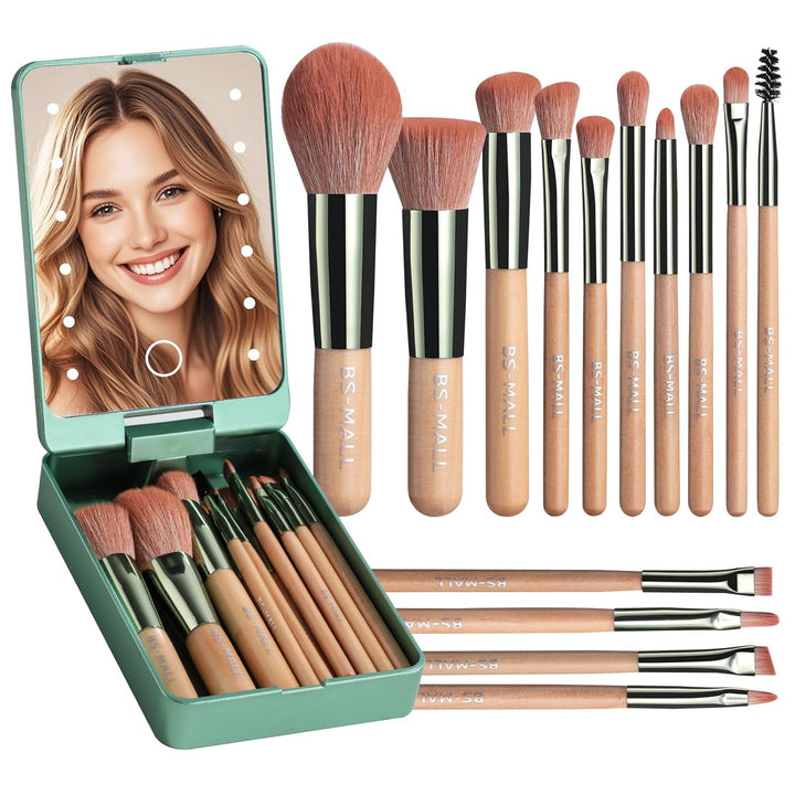 14pc Makeup Brush Set w/ LED Mirror