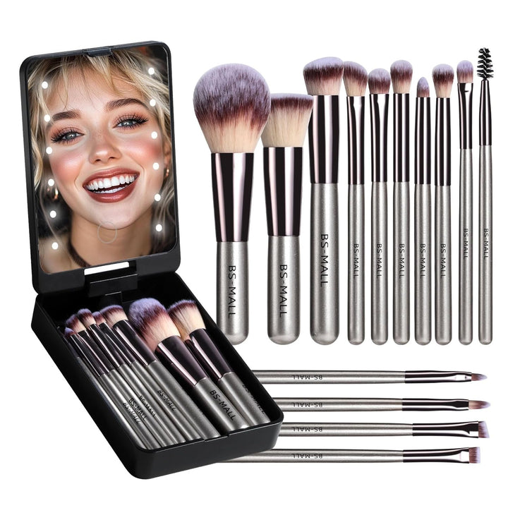 14pc Makeup Brush Set w/ LED Mirror
