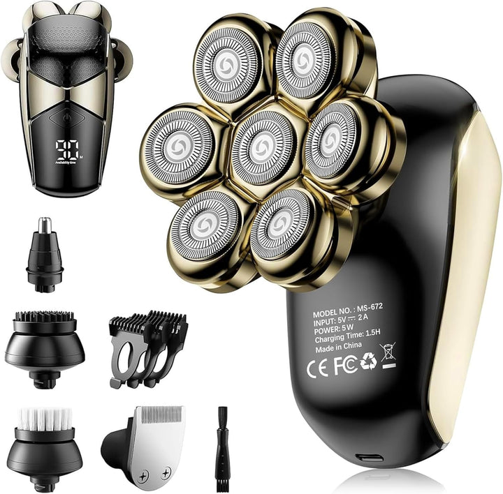 Detachable Head Shavers,  5 in 1 Electric Razor IPX7 Waterproof for Bald Men, Wet Dry LED Display Rechargeable 7D Rotary Shaver Grooming Kit with Type C Charge A