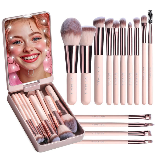 14pc Makeup Brush Set w/ LED Mirror