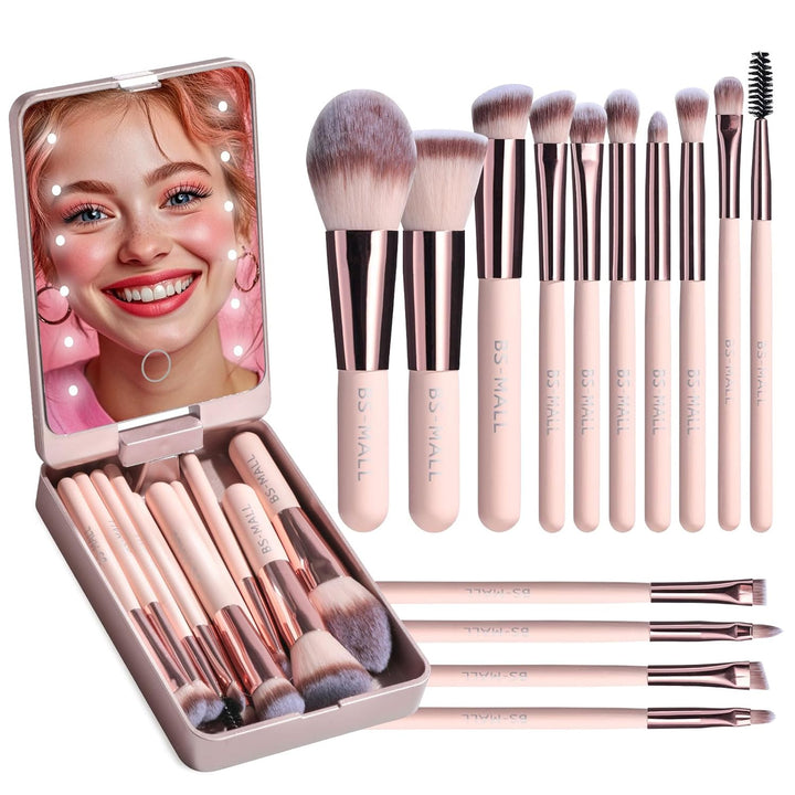 14pc Makeup Brush Set w/ LED Mirror