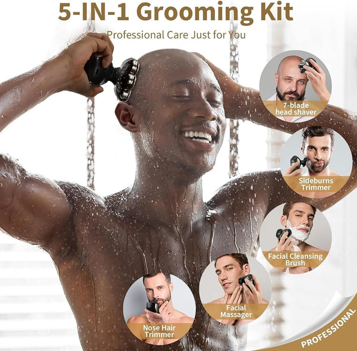 Detachable Head Shavers,  5 in 1 Electric Razor IPX7 Waterproof for Bald Men, Wet Dry LED Display Rechargeable 7D Rotary Shaver Grooming Kit with Type C Charge A