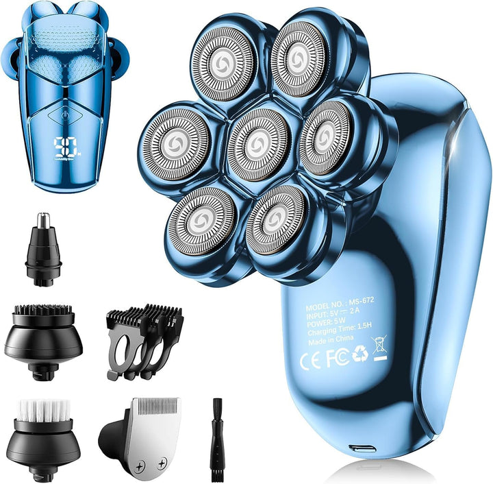 Detachable Head Shavers,  5 in 1 Electric Razor IPX7 Waterproof for Bald Men, Wet Dry LED Display Rechargeable 7D Rotary Shaver Grooming Kit with Type C Charge A
