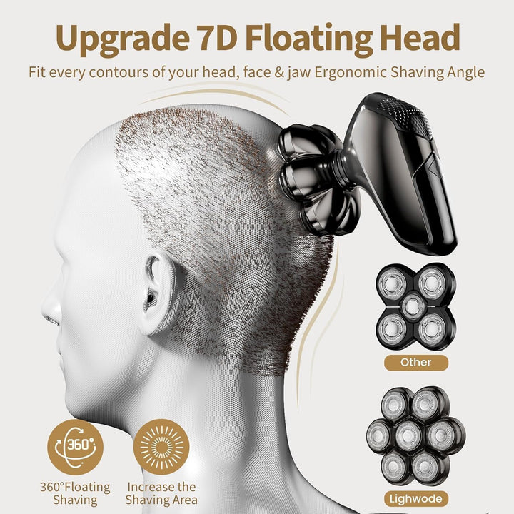 Detachable Head Shavers,  5 in 1 Electric Razor IPX7 Waterproof for Bald Men, Wet Dry LED Display Rechargeable 7D Rotary Shaver Grooming Kit with Type C Charge A