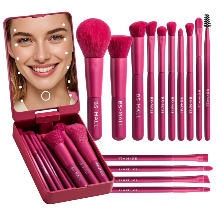 14pc Makeup Brush Set w/ LED Mirror