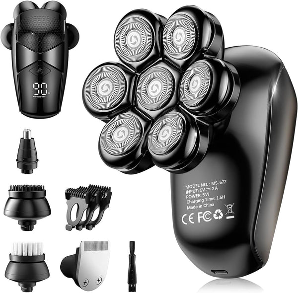 Detachable Head Shavers,  5 in 1 Electric Razor IPX7 Waterproof for Bald Men, Wet Dry LED Display Rechargeable 7D Rotary Shaver Grooming Kit with Type C Charge A