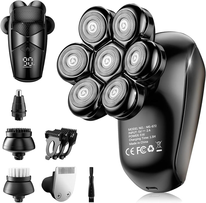 Detachable Head Shavers,  5 in 1 Electric Razor IPX7 Waterproof for Bald Men, Wet Dry LED Display Rechargeable 7D Rotary Shaver Grooming Kit with Type C Charge A